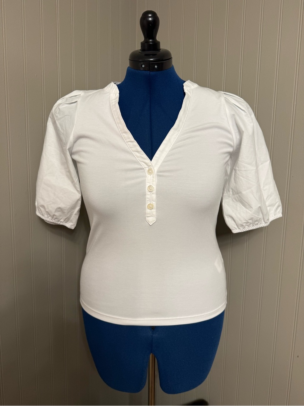 Madewell White Puff Sleeve Henley Size S, NWT Pima Cotton, Retails $68 - Picture 2 of 8